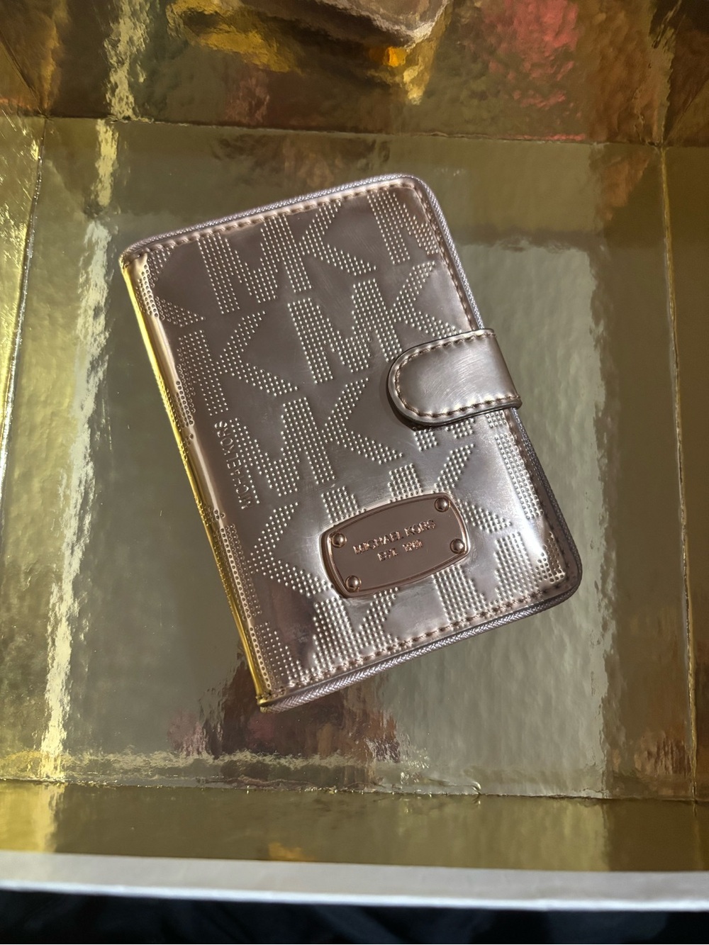 Michael Kors Metallic Rose Gold MK Logo Passport Wallet